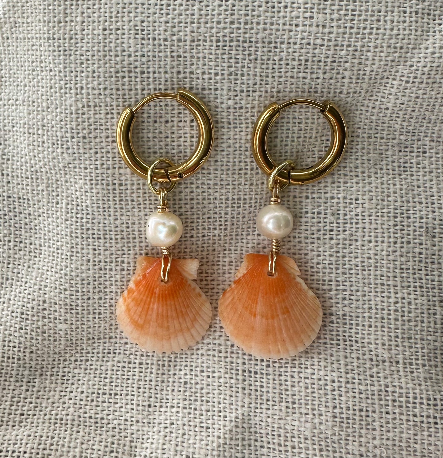 Only one available- Orange Calico Shell Gold Hoops