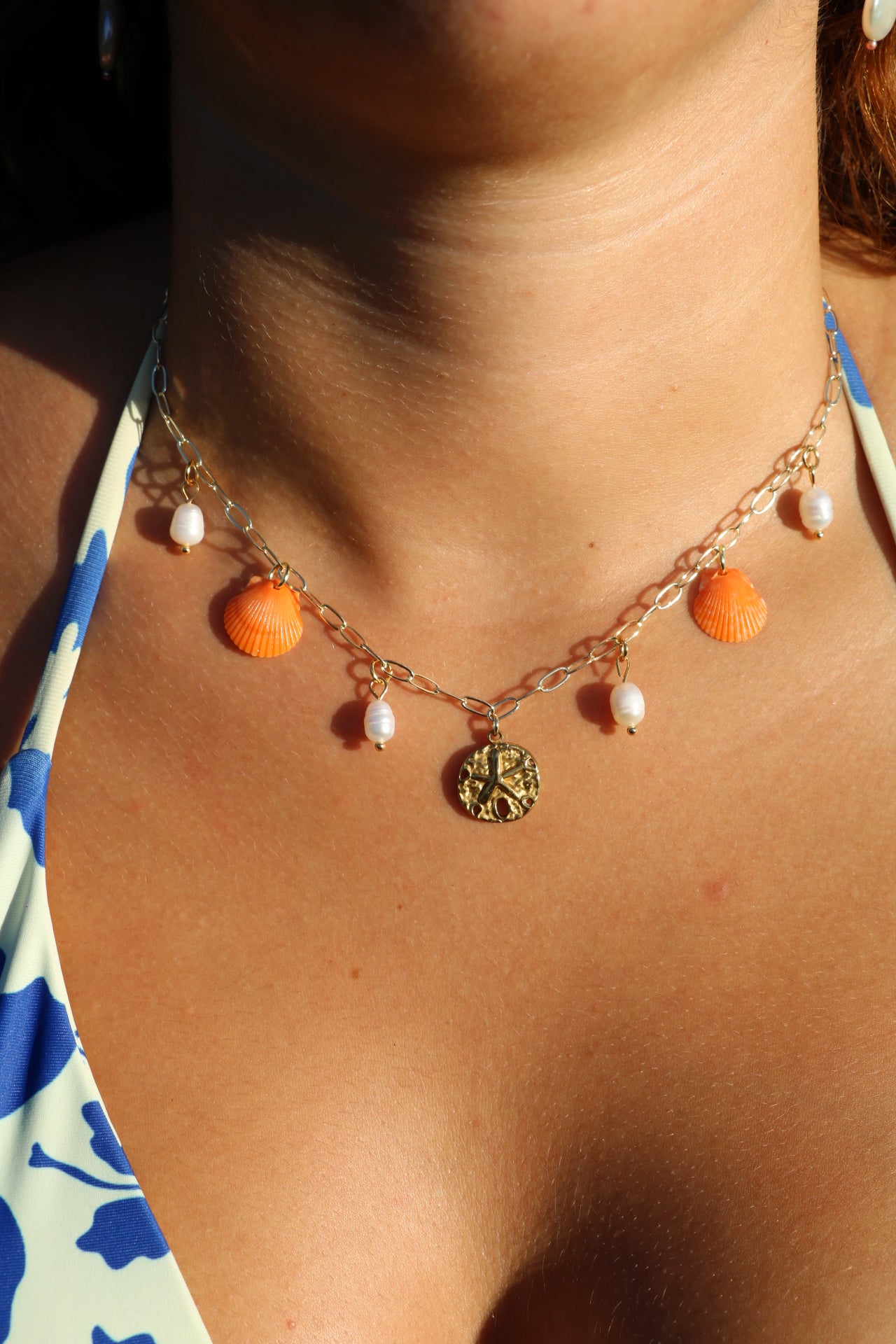 Only One Available- Gold Sand Dollar Orange Calico Shell Charm Necklace
