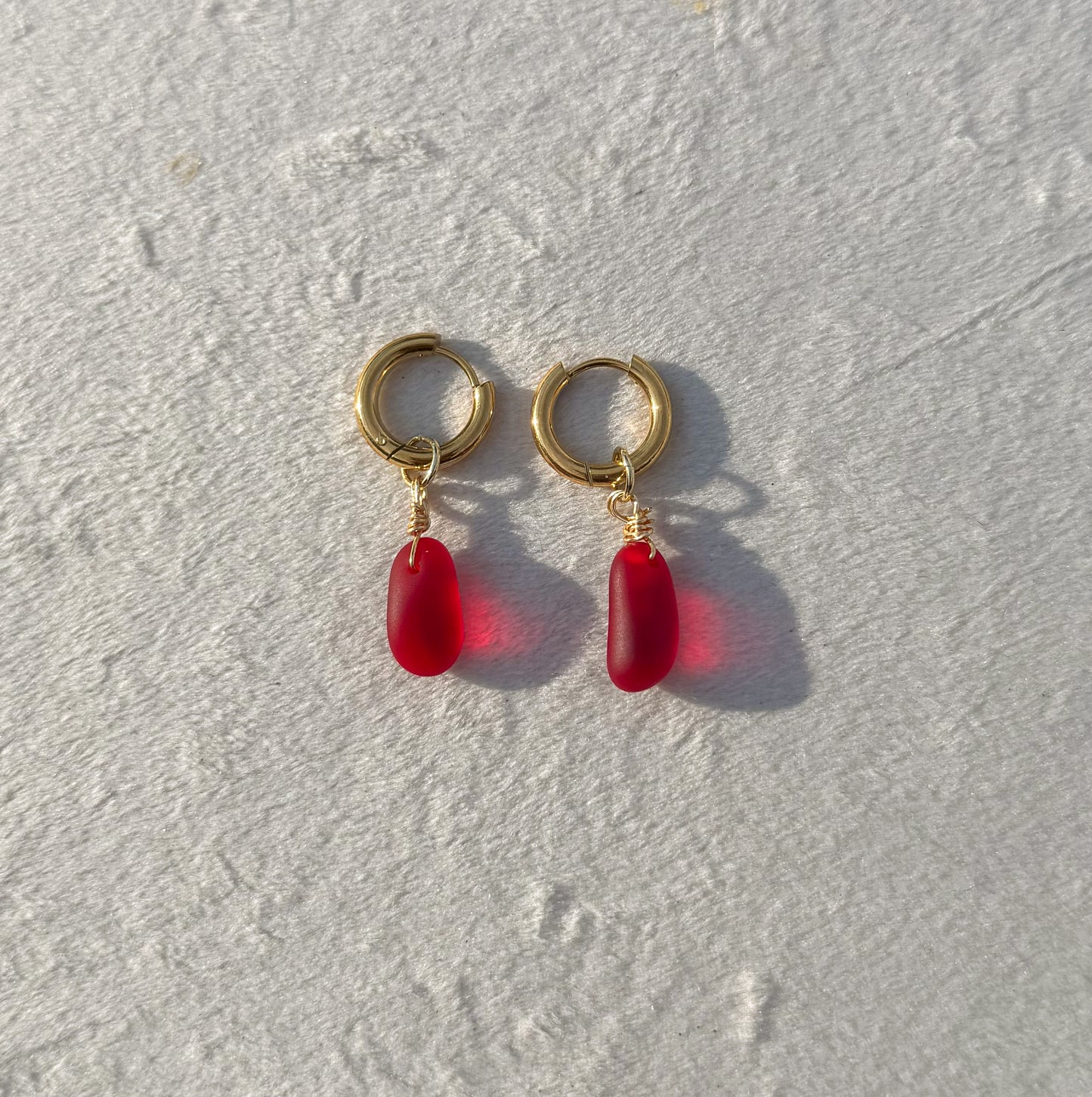 The Lihue Gold Red Sea Glass Hoops
