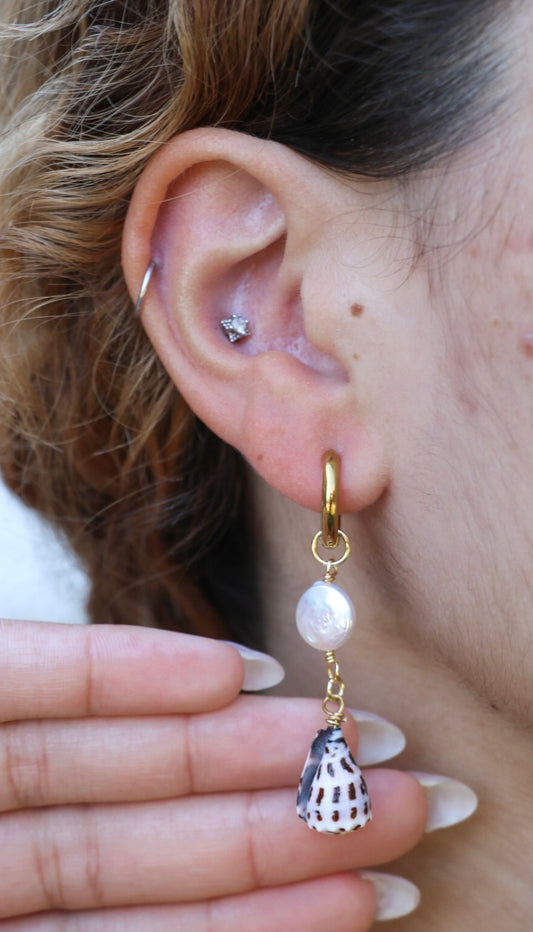 Hebrew Shell Gold Pearl Droplet Hoops