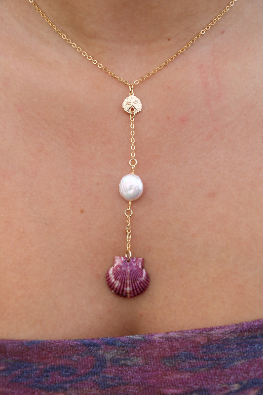 Gold Laie Purple Calico Shell Droplet Necklace