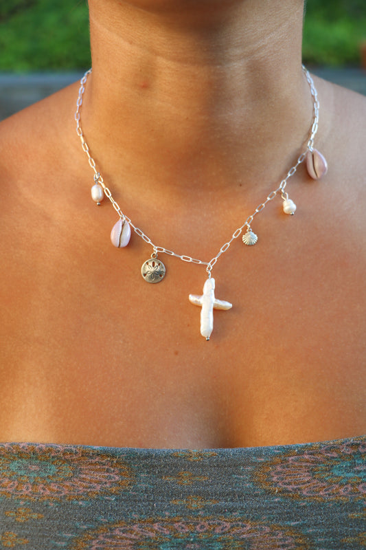 The Silver Kamiya Pearl Cross Charm Necklace