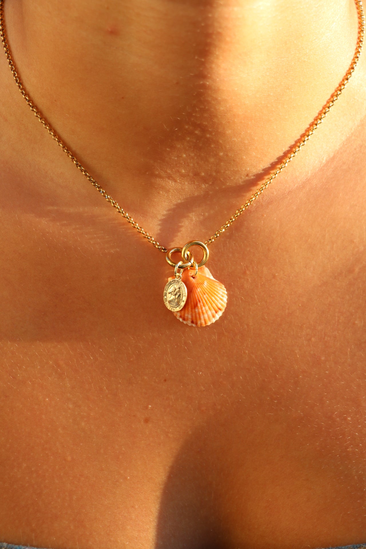 Gold Orange Calico Shell St. Christopher Charm Necklace