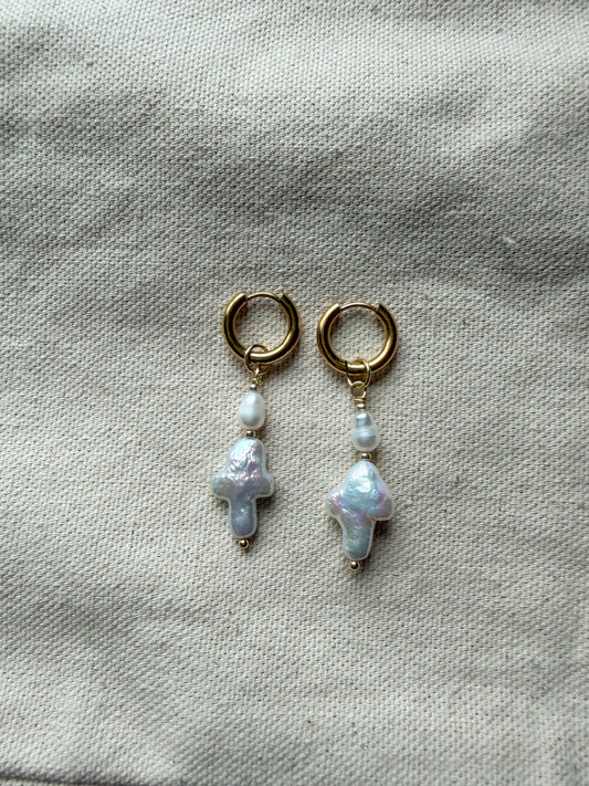 Gold Pearl Cross Mini Hoops