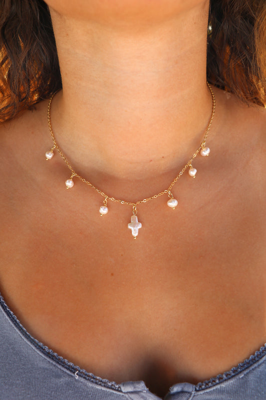 The Lacy Pearl Cross Gold Charm Necklace