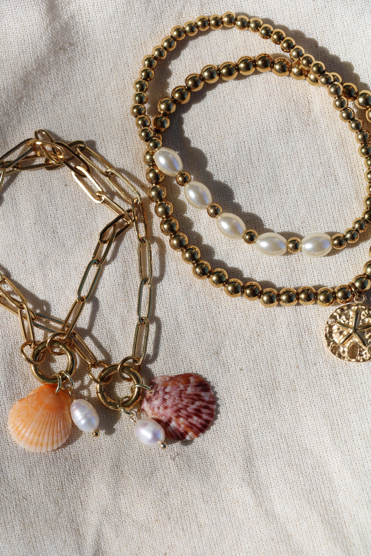 Orange Calico Shell Gold Charm Bracelet