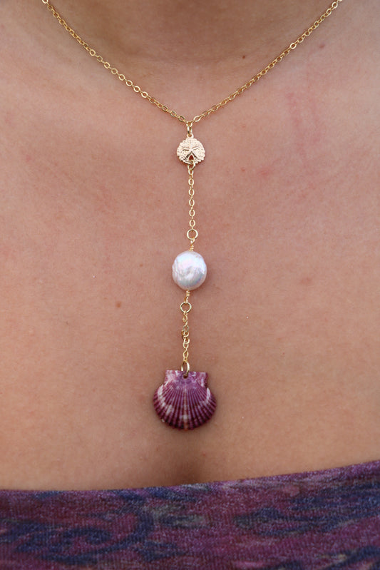 Gold Laie Purple Calico Shell Droplet Necklace