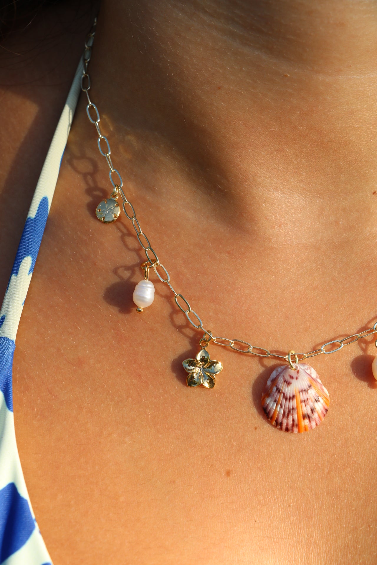 Only One Available- Gold Sun Rays Calico Shell Charm Necklace
