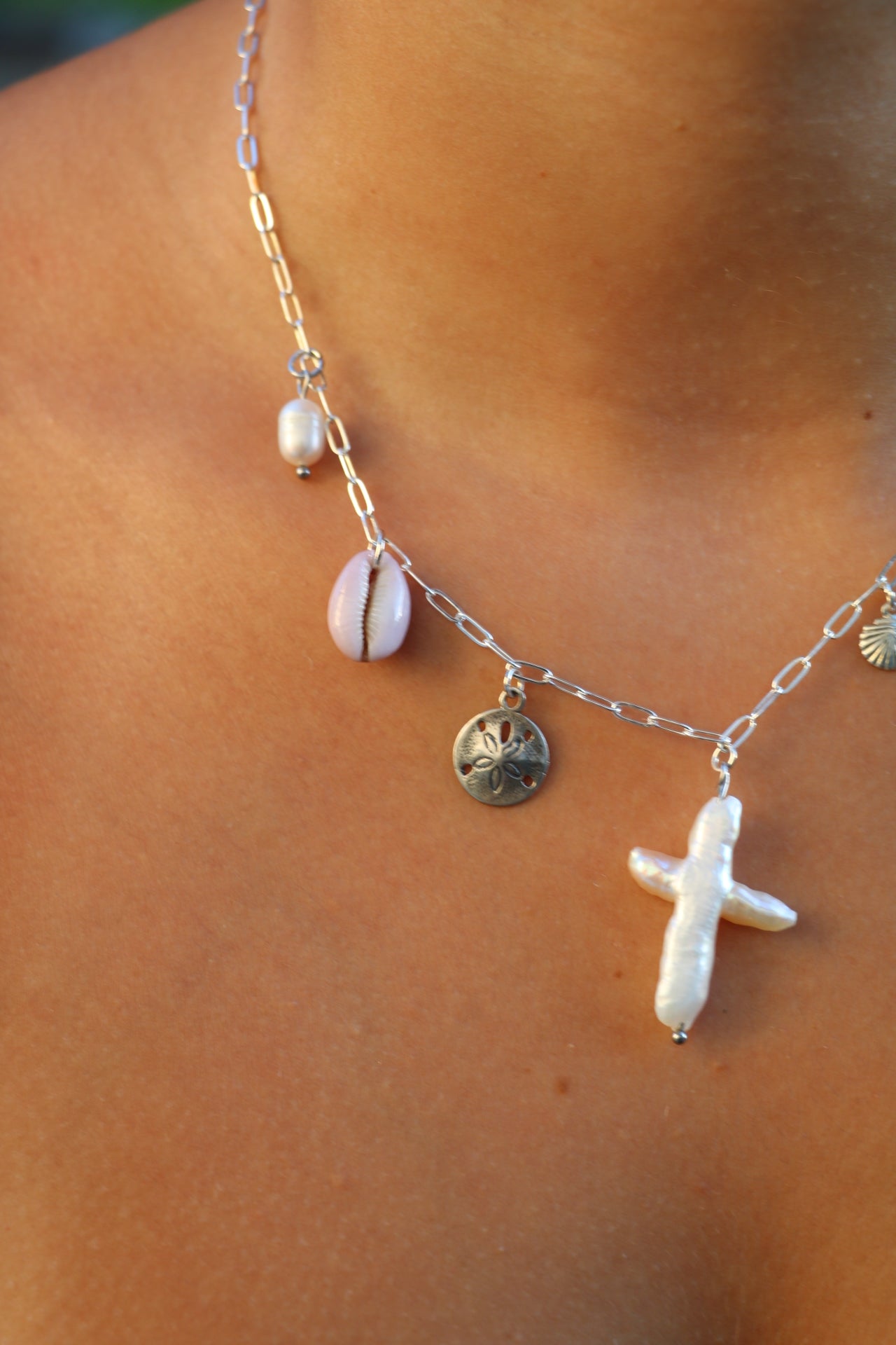 The Silver Kamiya Pearl Cross Charm Necklace