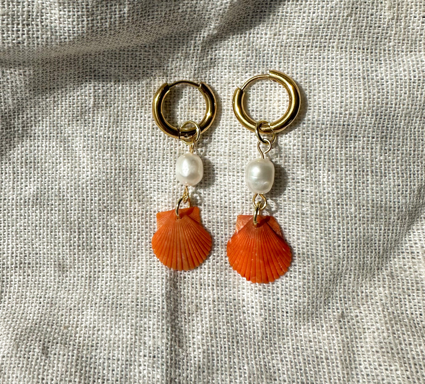 Only one available- Orange Calico Shell Gold Droplet Hoops