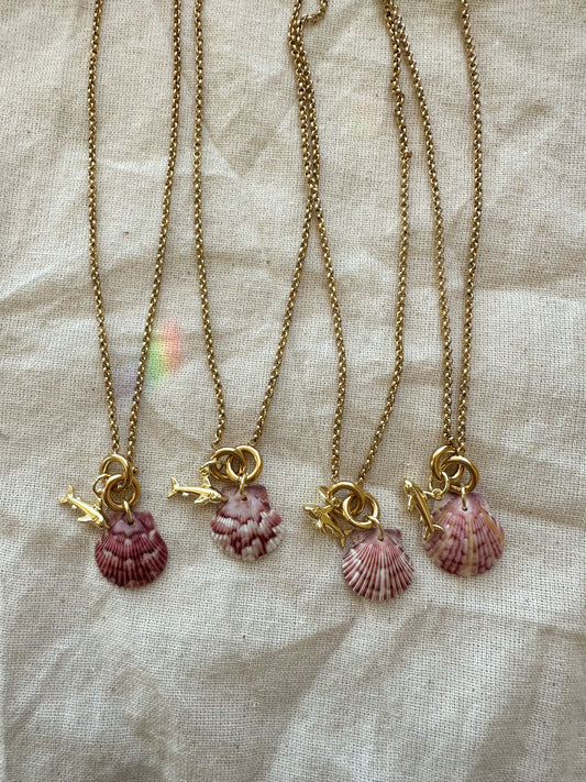 Gold Shell Shock Calico Shell Shark Charm Necklace