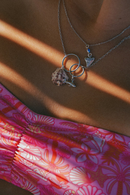 Silver Shell Shock Calico Shell Shark Charm Necklace