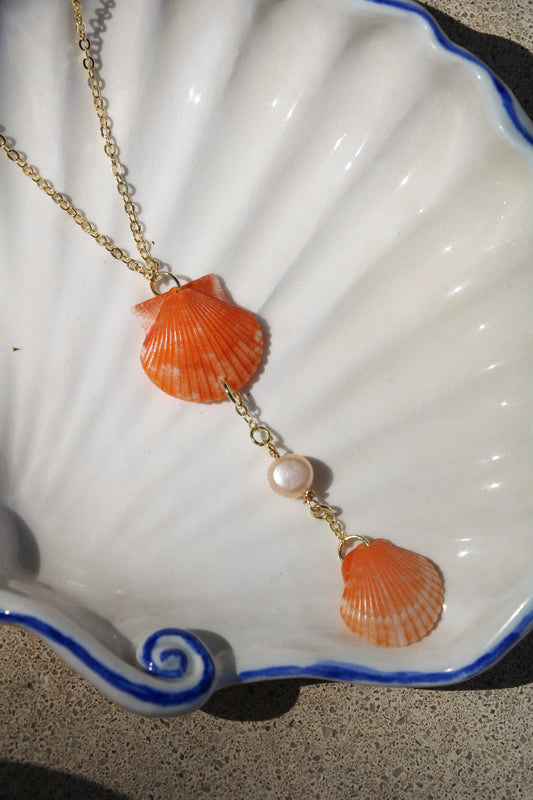 Orange Calico Shell Gold Droplet Necklace