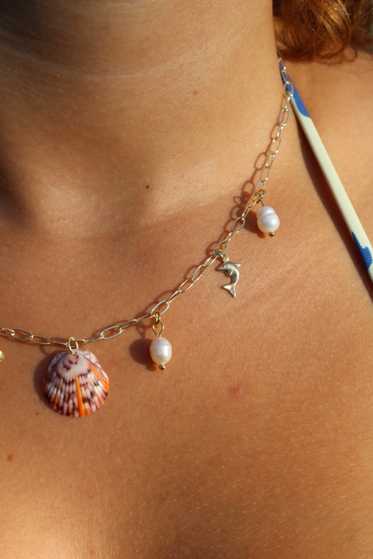 Only One Available- Gold Sun Rays Calico Shell Charm Necklace