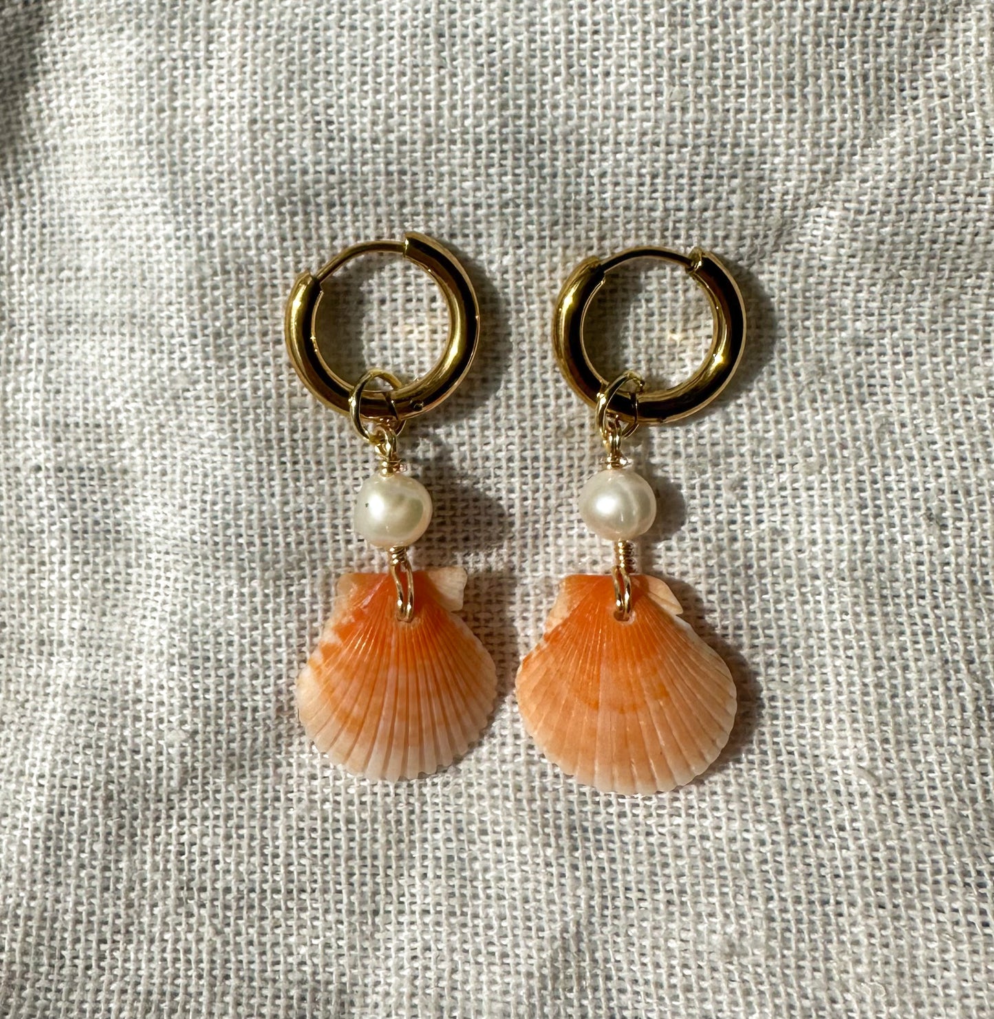 Only one available- Orange Calico Shell Gold Hoops