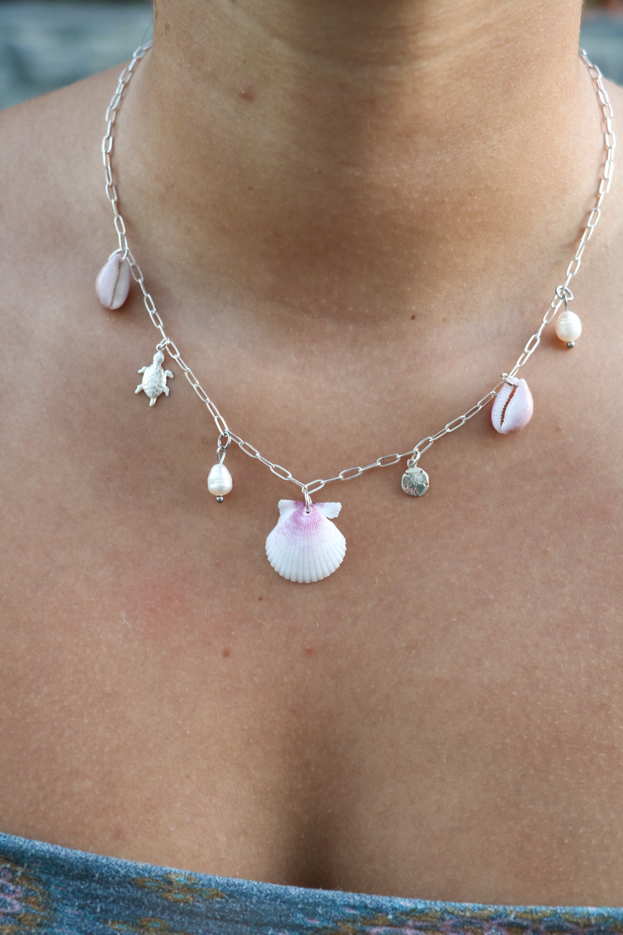 Only one available- Silver Calico Shell Charm Necklace