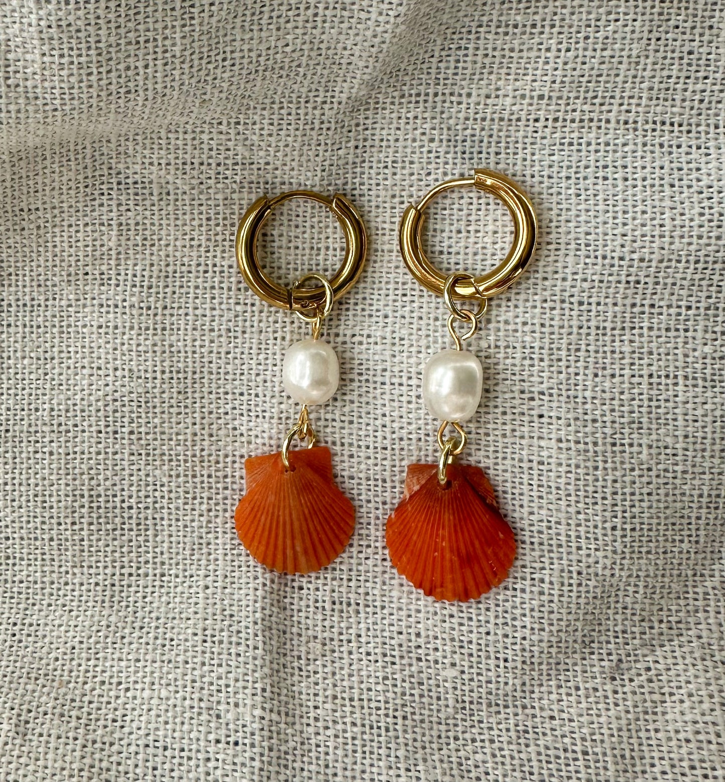 Only one available- Orange Calico Shell Gold Droplet Hoops