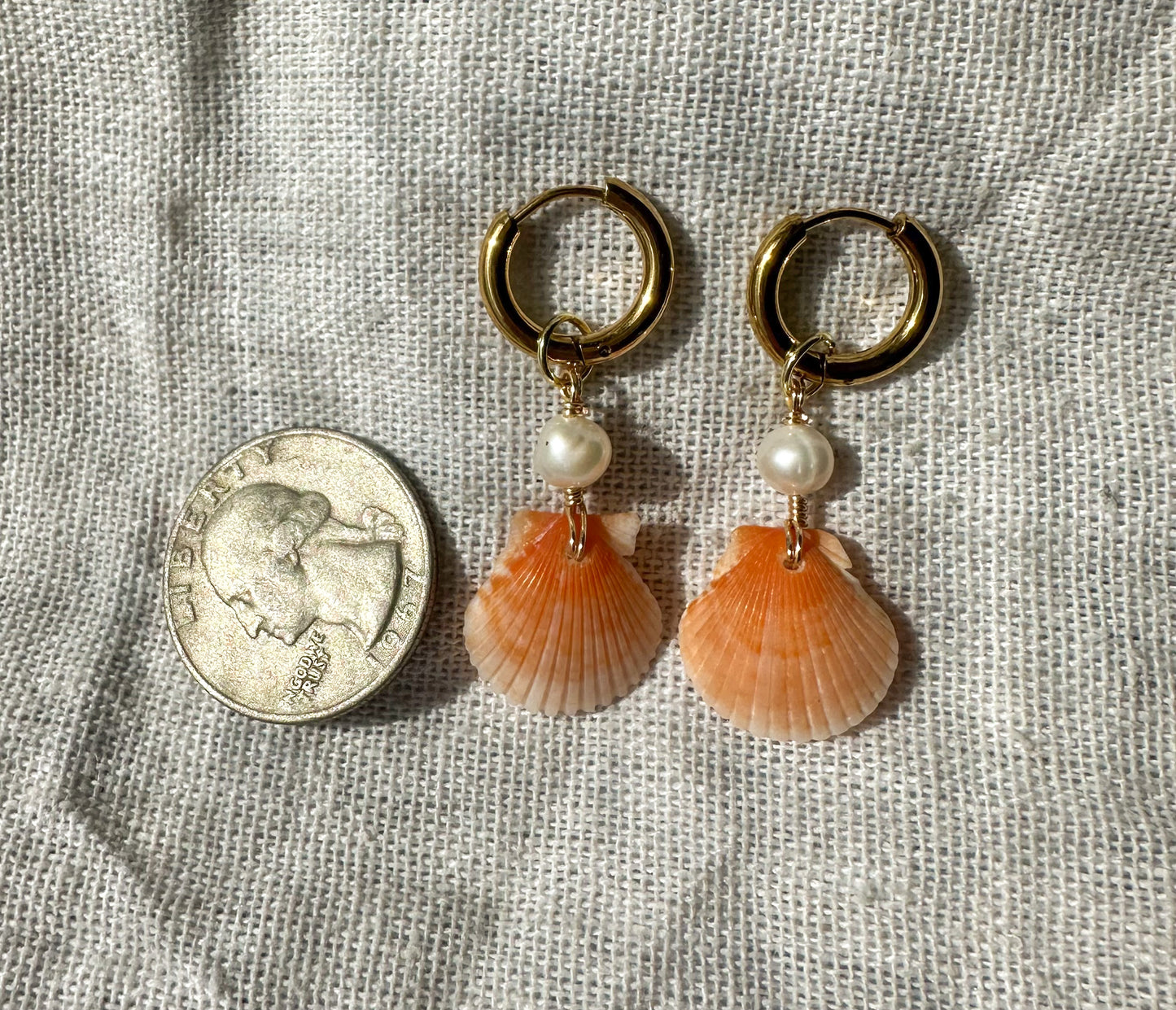 Only one available- Orange Calico Shell Gold Hoops