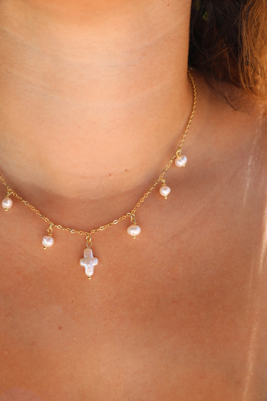 The Lacy Pearl Cross Gold Charm Necklace