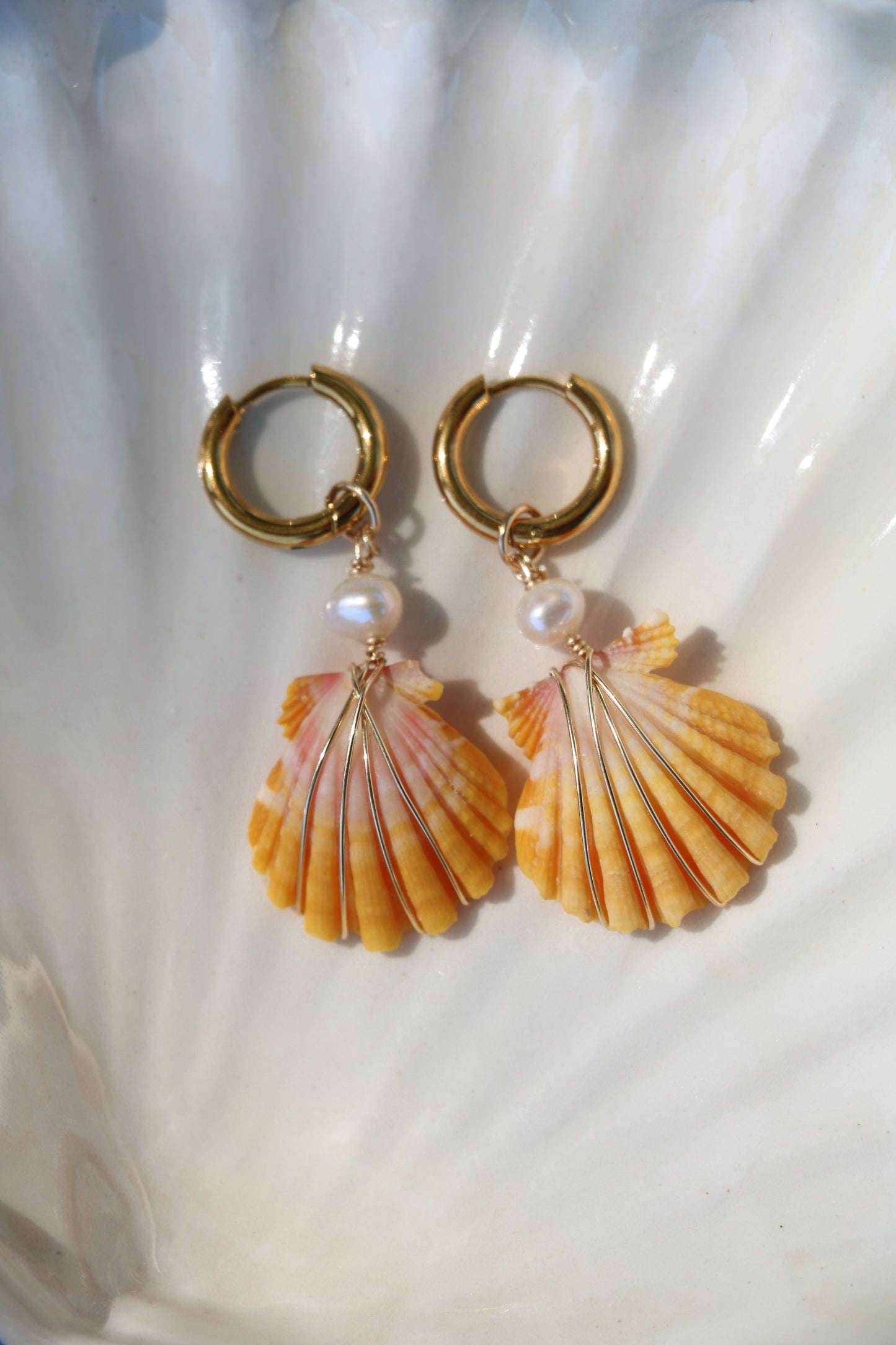 Sunrise Shell Gold Hoops