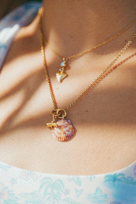 Gold Shell Shock Calico Shell Shark Charm Necklace