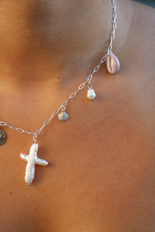 The Silver Kamiya Pearl Cross Charm Necklace