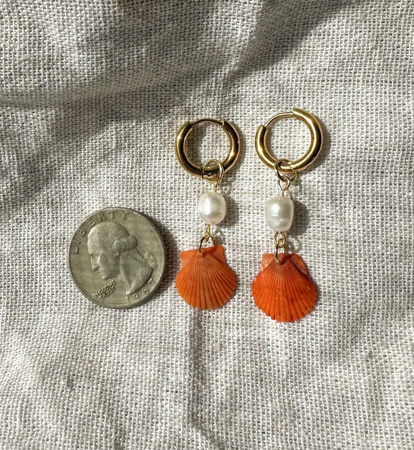 Only one available- Orange Calico Shell Gold Droplet Hoops