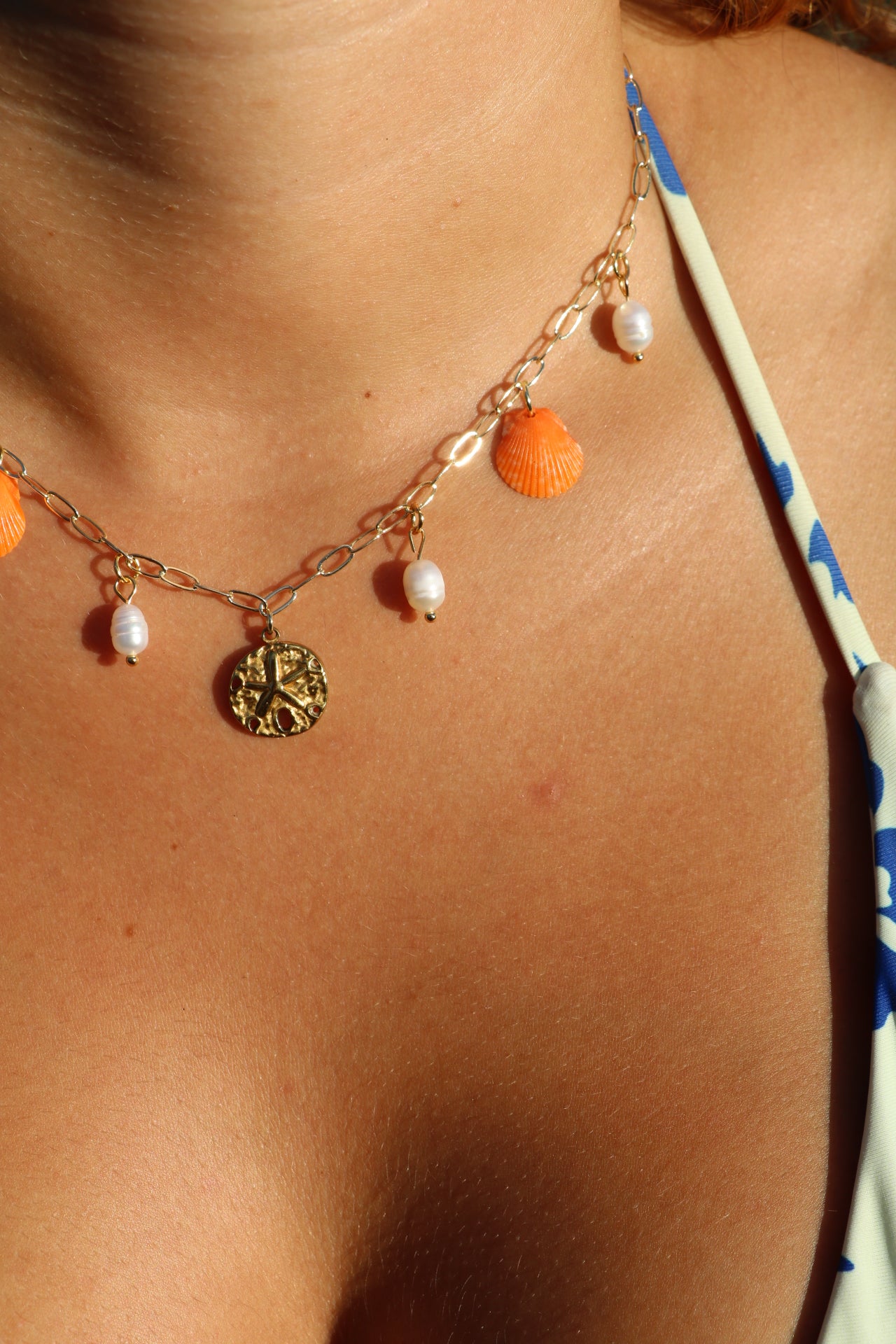 Only One Available- Gold Sand Dollar Orange Calico Shell Charm Necklace