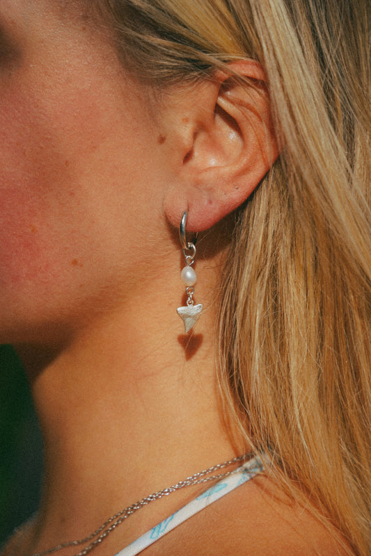 Silver Lemon Shark Pearl Droplet Hoops