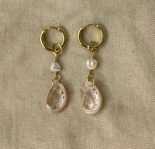 Mini Abalone Shell Droplet Gold Hoops