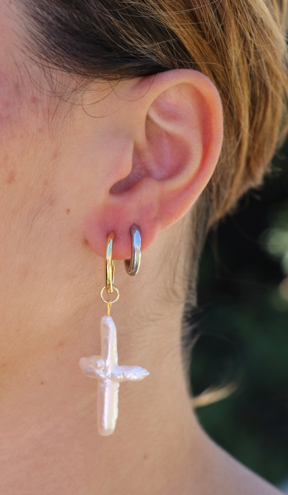 Kamiya Pearl Cross Gold Hoops