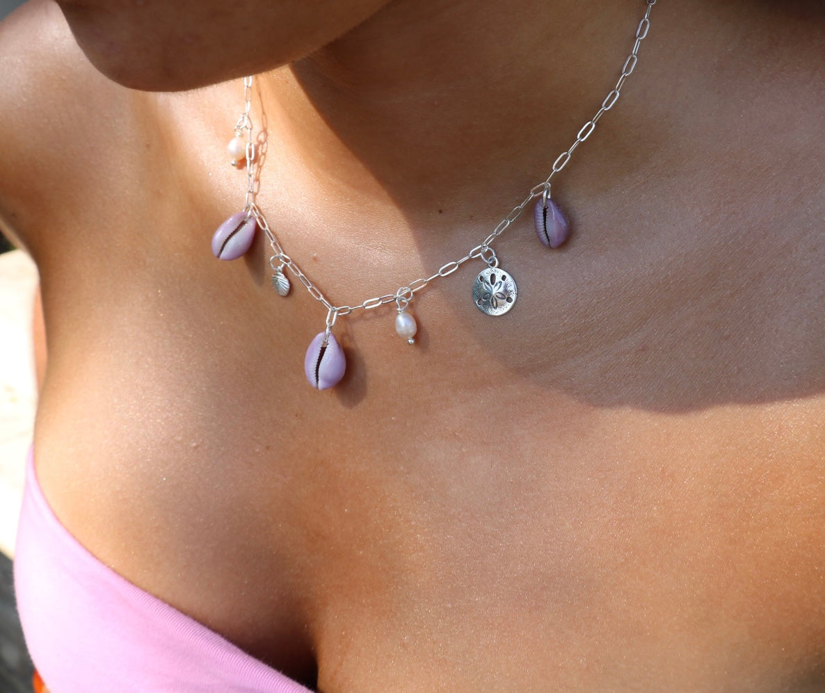 The Haleiwa Lavender Cowrie Silver Charm Necklace