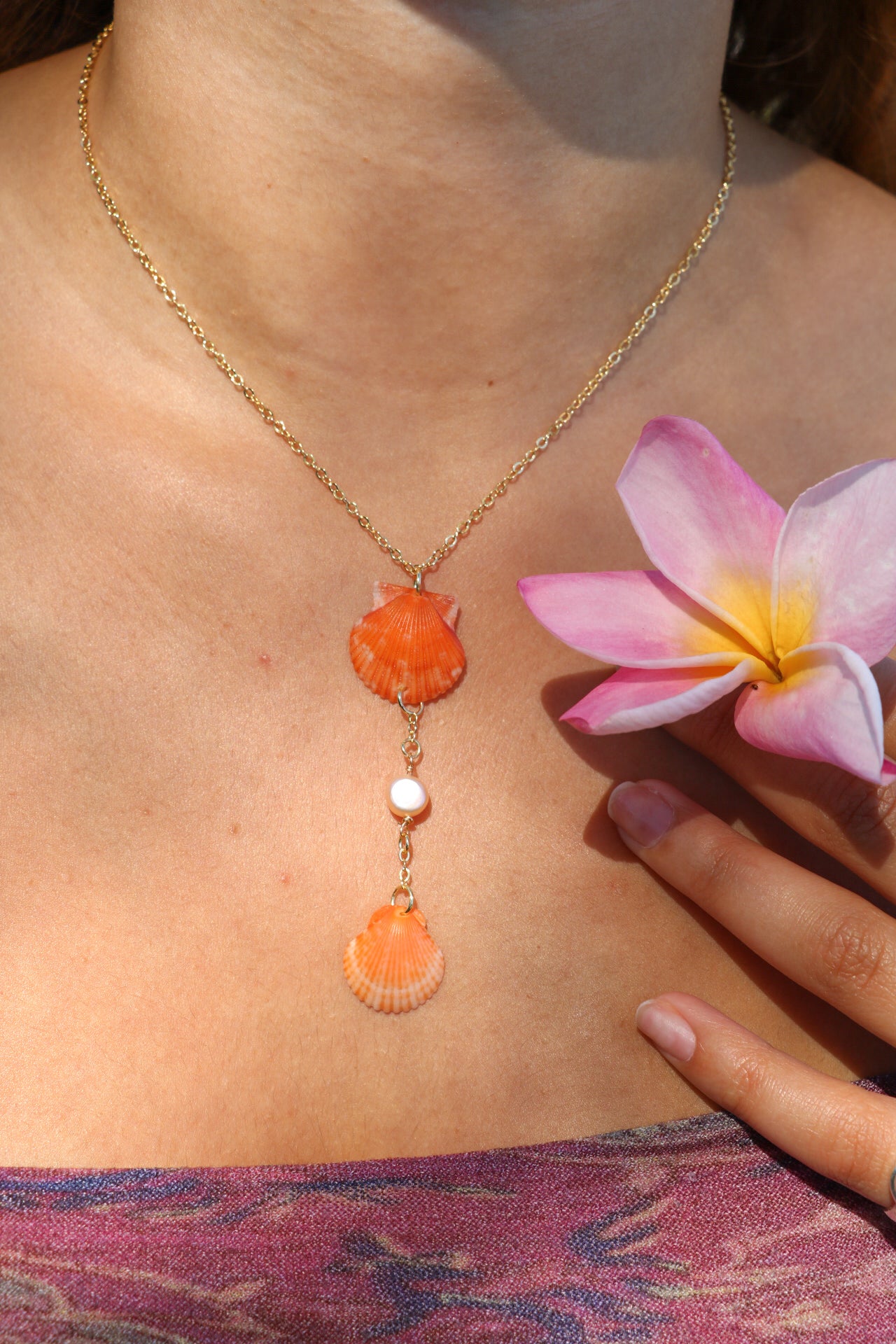 Orange Calico Shell Gold Droplet Necklace