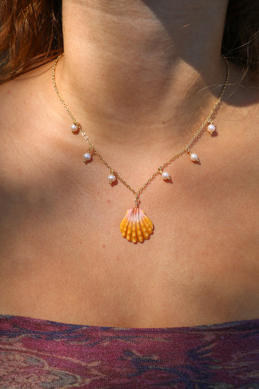 Gold Sunrise Shell Pearl Charm Necklace