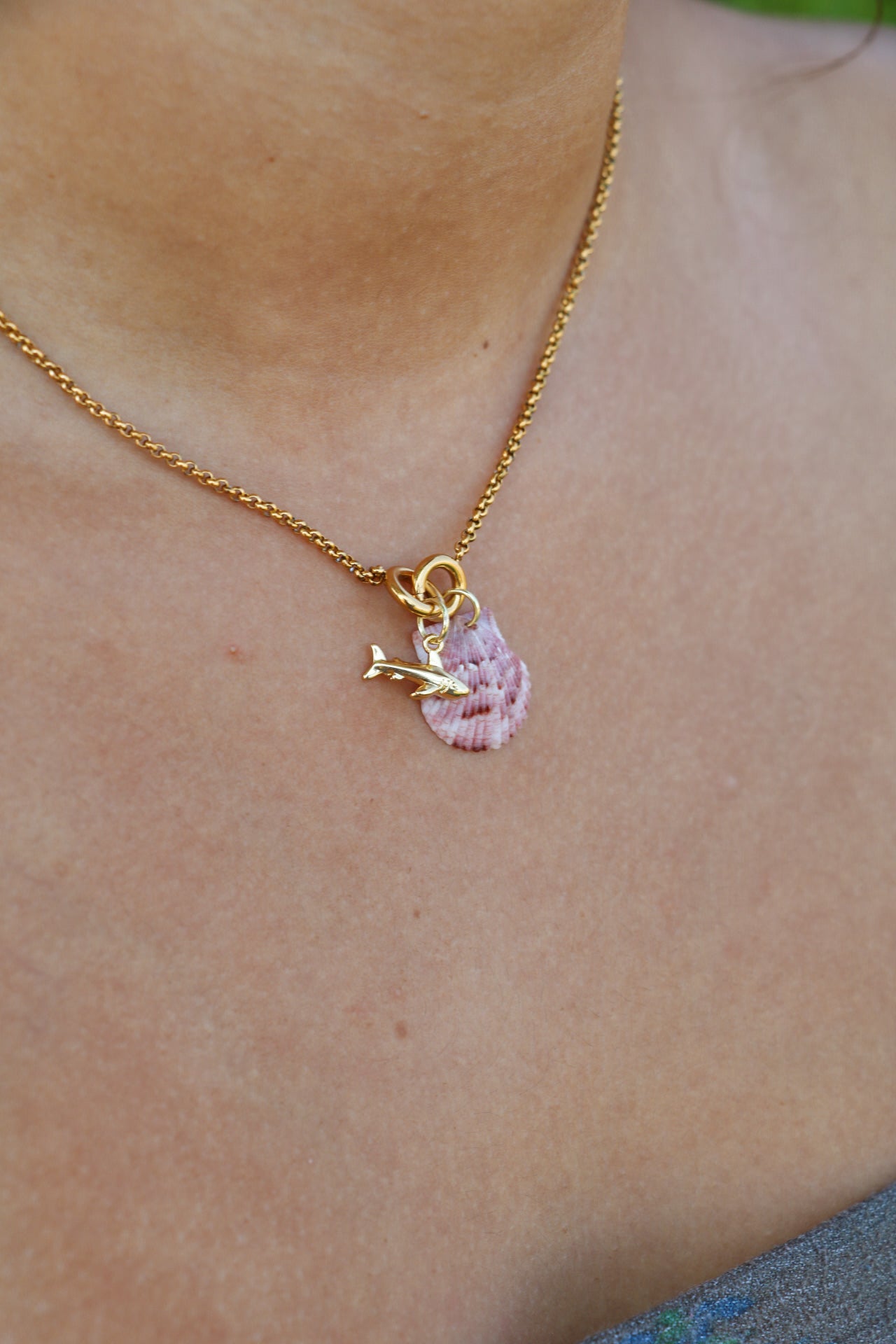 Gold Shell Shock Calico Shell Shark Charm Necklace