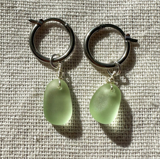 The Lihue Silver Green Sea Glass Hoops