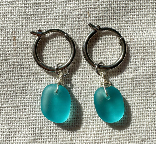 The Lihue Silver Blue Sea Glass Hoops