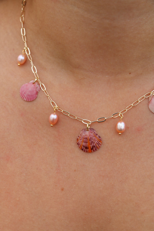 Gold Palm Beach Pink Pearls Charm Necklace