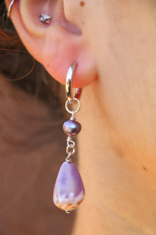 Lavender Cone Shell Droplet Silver Hoops