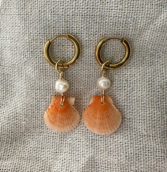 Only one available- Orange Calico Shell Gold Hoops