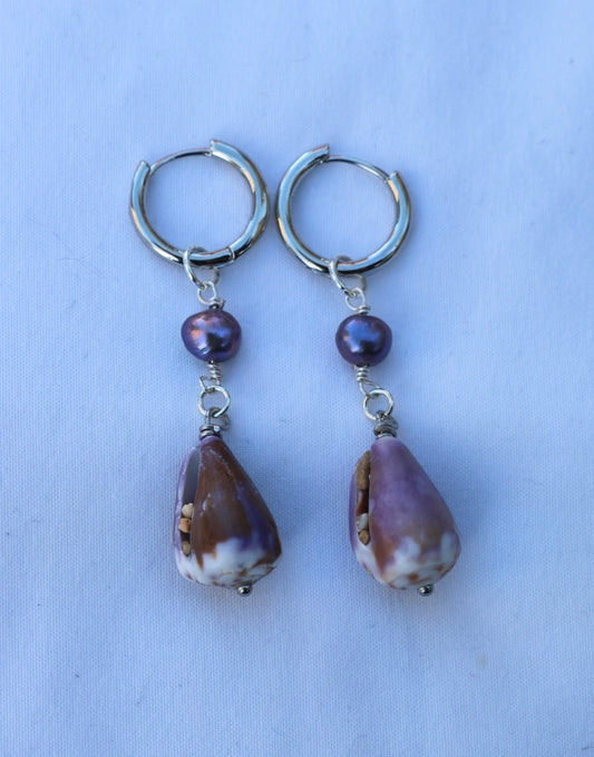 Lavender Cone Shell Droplet Silver Hoops