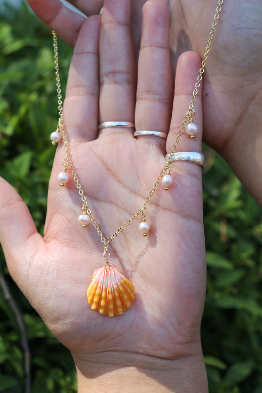 Gold Sunrise Shell Pearl Charm Necklace