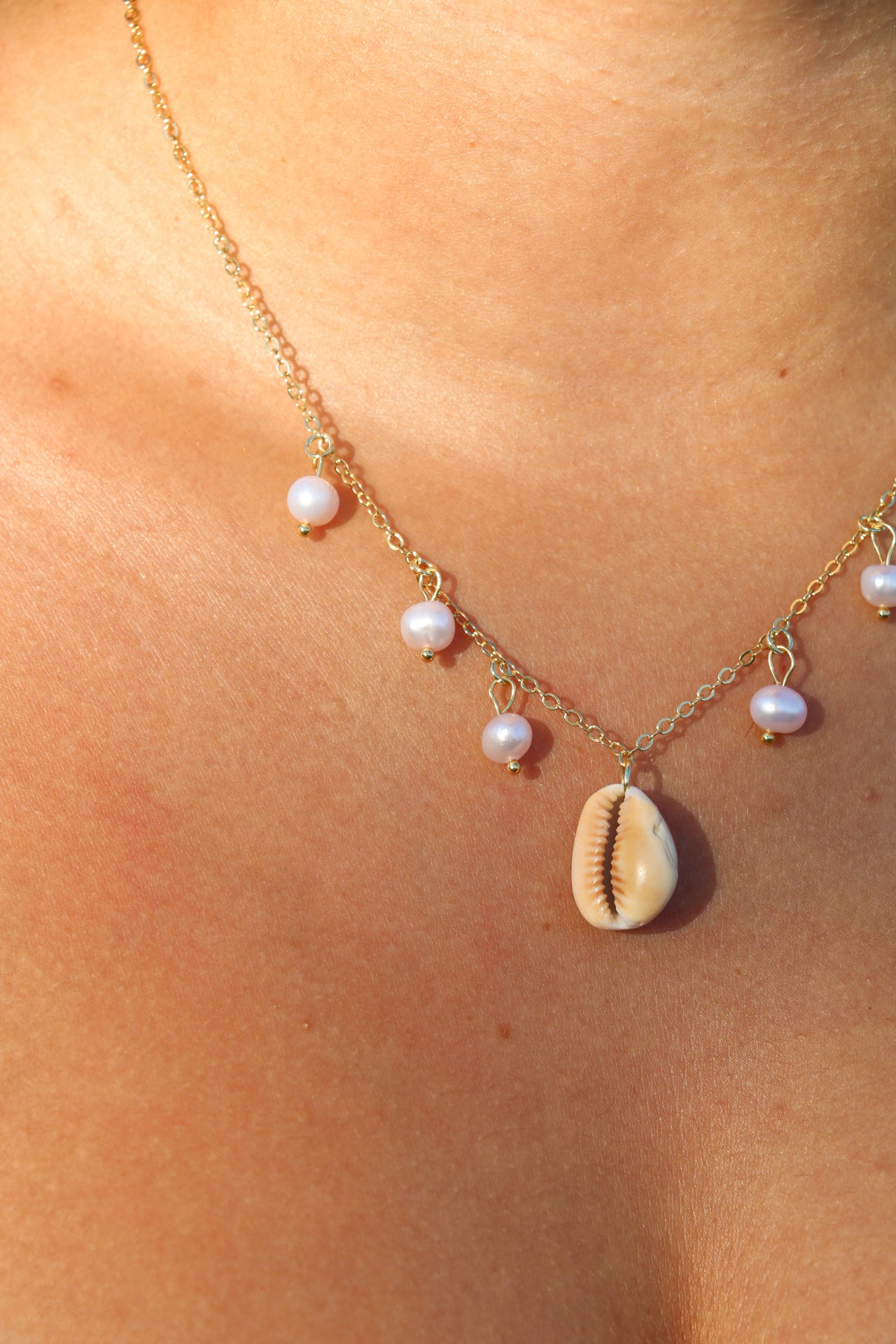 Gold Cowrie Pearl Charm Necklace