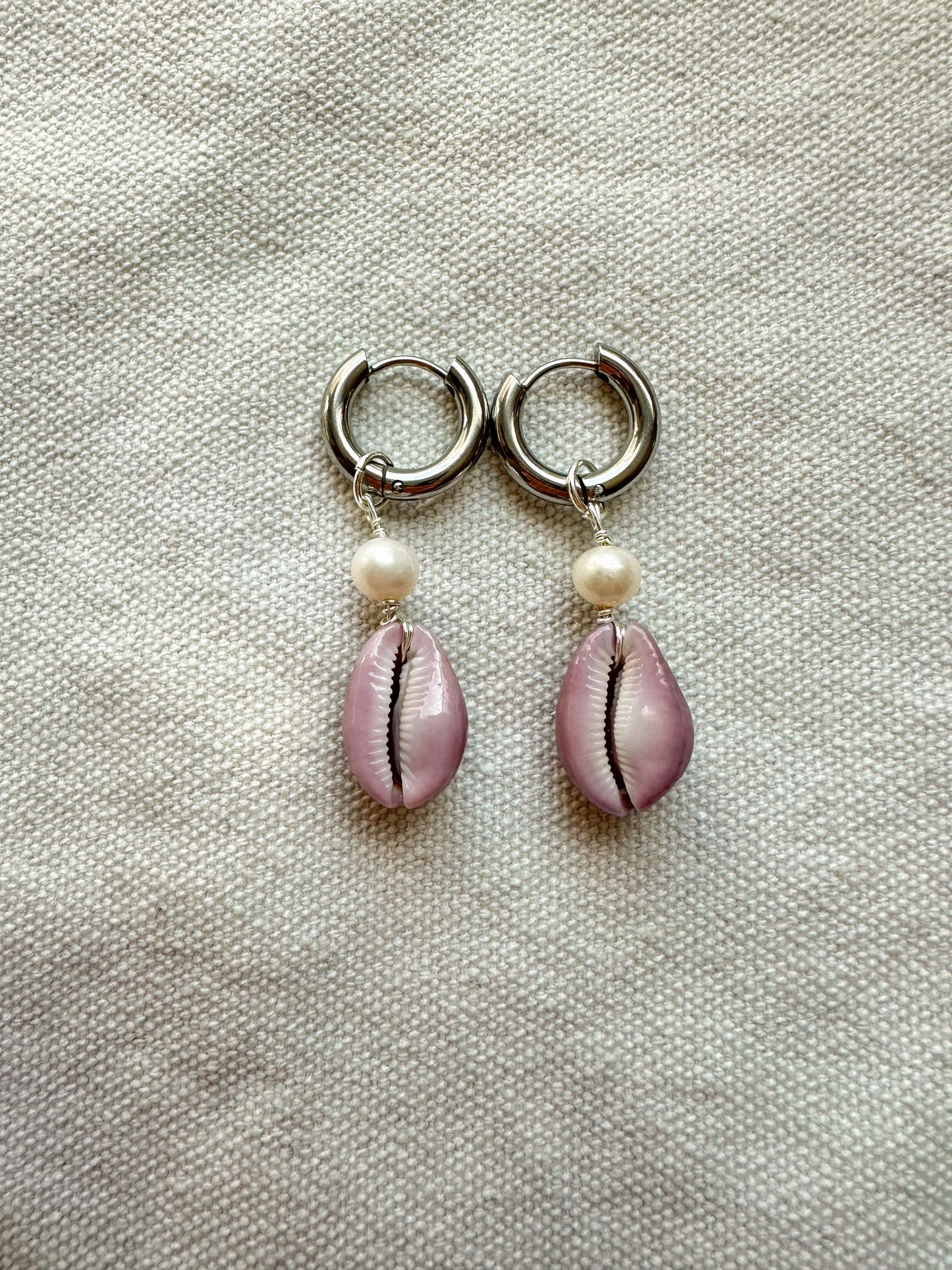 The Kaimana Lavender Cowrie Shell Silver Hoops