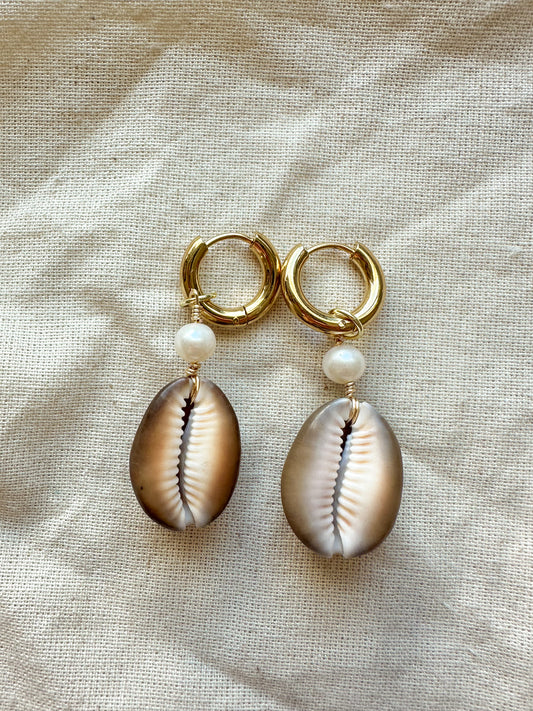 Kaimana Brown Speckled Back Cowrie Shell Hoops