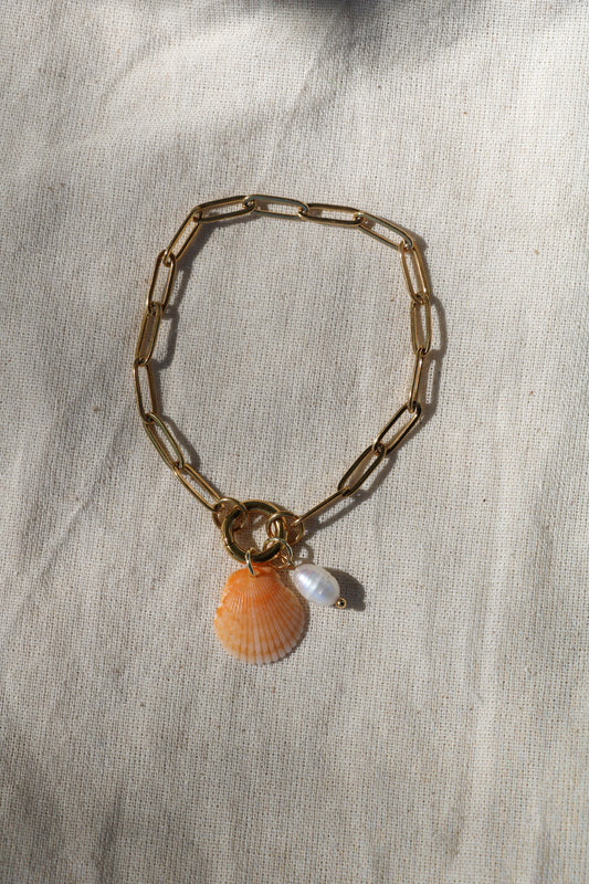 Orange Calico Shell Gold Charm Bracelet