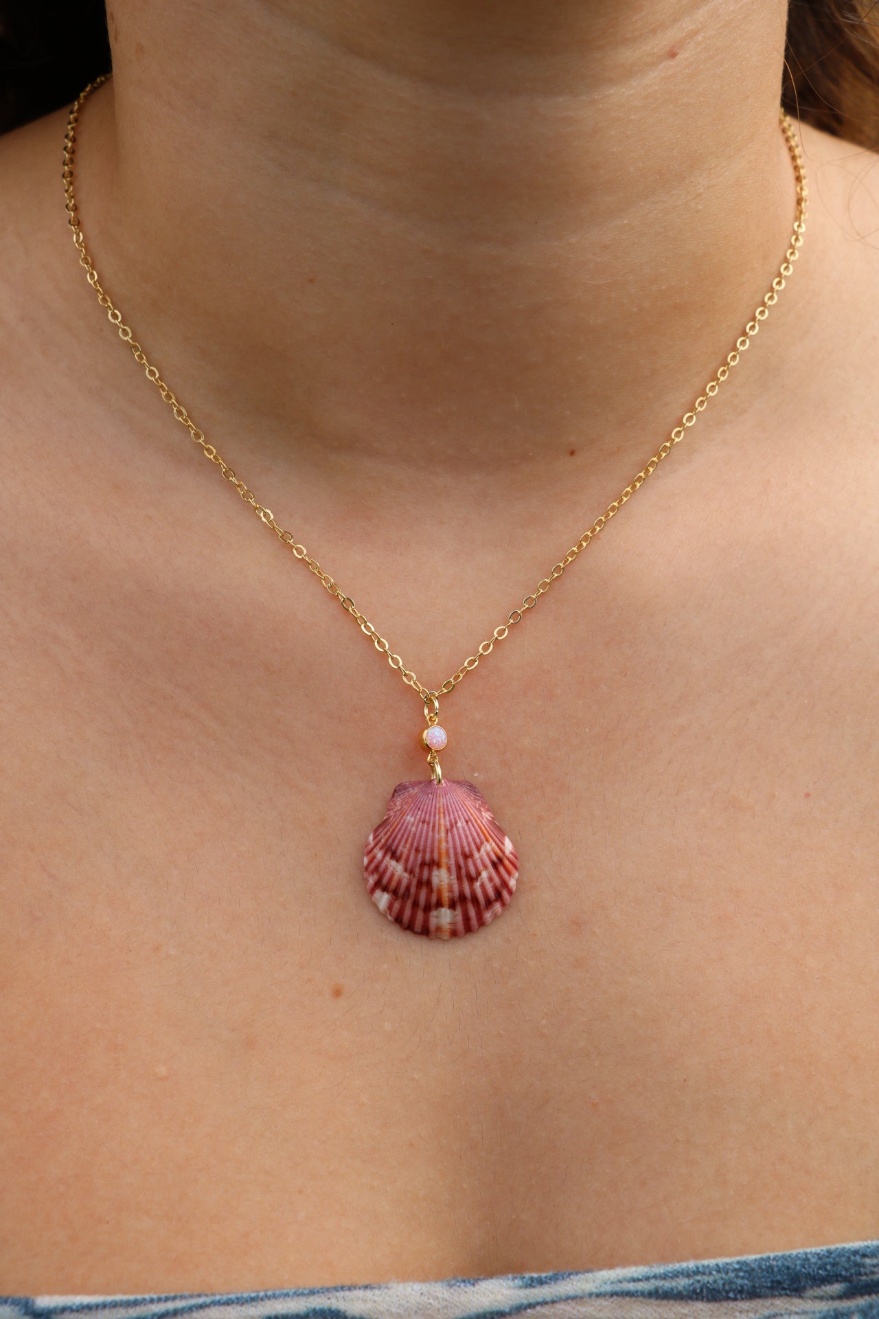 Gold Pink Opal Seashell Necklace