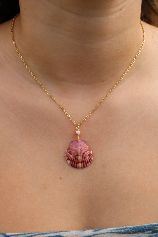 Gold Pink Opal Seashell Necklace