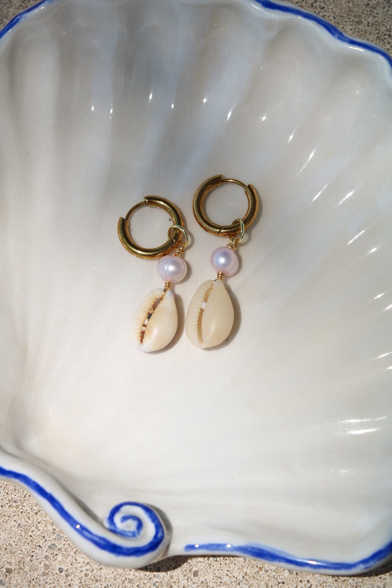 Kaimana Pink Pearl Gold Cowrie Hoops