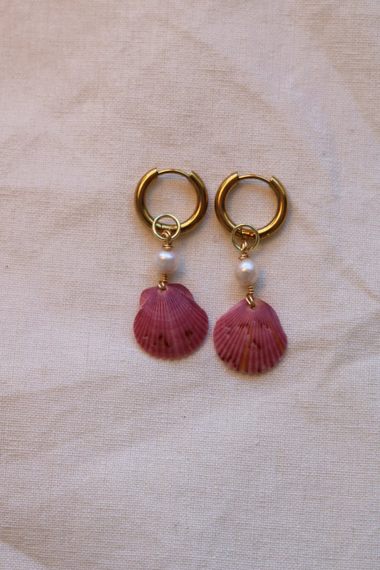 Pink Calico Shell Gold Hoops